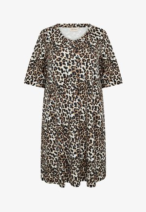 Leopardi mustriga kleit, mis on valmistatud pehmest ja kergest kangast; omab V-kujulist kaelust ja lühikesi varrukaid. Mugav lõige koos voltidega seeliku detailiga.