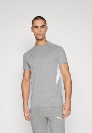 Grijze T-shirt met korte mouwen van lichte stof, met witte zijpanelen en een klein logo op de borst. Soepele textuur, atletische pasvorm.