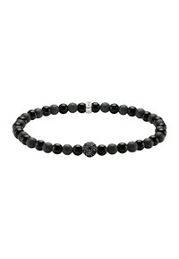 Bracciale nero con perline alternate opache e lucide, dotato di una perlina nera testurizzata e di una perlina argentata incisa con la scritta "SABO".
