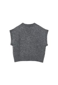 Pull gris tricoté à manches courtes, col et ourlet côtelés. Texture douce, coupe légèrement ample, avec un design épuré et simple.