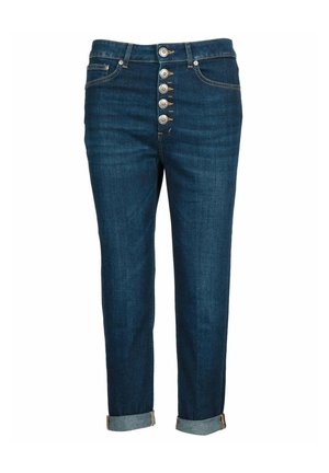 Pantaloni in denim blu scuro con vita alta, chiusura a cinque bottoni, risvolti e cuciture a contrasto sottili. Design classico a gamba dritta.