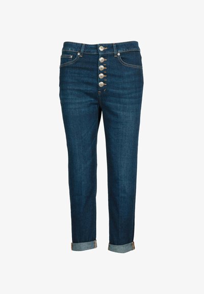 Pantaloni in denim blu scuro con vita alta, chiusura a cinque bottoni, risvolti e cuciture a contrasto sottili. Design classico a gamba dritta.