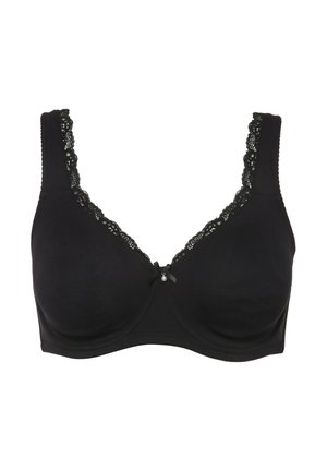 Soutien-gorge noir avec une bordure en dentelle le long de l'encolure et des bretelles. Doté d'un détail en nœud central et de bonnets moulés pour le soutien. Texture de tissu lisse.