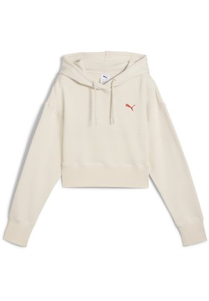 Zkrácená mikina s kapucí v barvě off-white s jemnou texturou, která má stahovací kapuci a oranžové logo Puma na levé části hrudi.