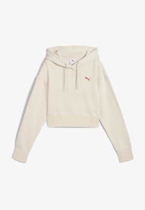 Ingekorte hoodie van off-white stof met een zachte textuur, voorzien van een trekkoordkap en een oranje Puma-logo op de linkerkant van de borst.