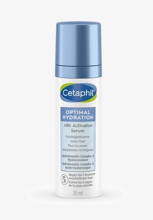 Cetaphil Optimal Hydration 48h Activation Serum bottle with blue cap, designed for dehydrated, tired skin, 30 ml size.