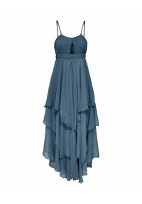 Maxi sukienka z miękkiego materiału w odcieniu teal z plisowanym stanikiem, cienkimi ramiączkami i warstwowym, asymetrycznym dołem. Detal w kształcie łezki przy dekolcie.
