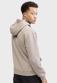 Hoodie gris avec une grande capuche douce, des poignets et un ourlet côtelés. Présente une coupe décontractée et une texture lisse, vue d'un angle arrière à trois quarts.