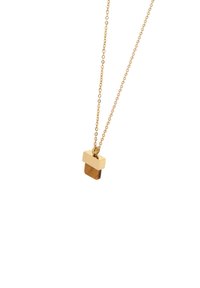 Goldfarbene Halskette mit einem rechteckigen Anhänger aus braunem Stein, der eine polierte Oberfläche aufweist, sowie einer passenden Kette.