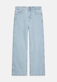 Jeans albastre deschise, cu croi larg, fabricate din denim, având talie înaltă, design cu cinci buzunare și închidere cu buton metalic. Textură moale cu efect de decolorare.