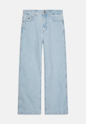 Light blue, wide-leg jeans made from denim, featuring a high waist, five-pocket design, and metal button closure. Soft texture with fading.