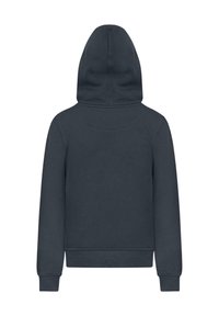Dunkelgrauer Kapuzenpullover mit glatter Textur, gerippten Bündchen und Saum, einfachem Design sowie ohne sichtbare Logos oder Muster.