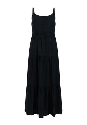 Zwarte mouwloze maxi-jurk met verstelbare dunne bandjes, gelaagde rok en subtiel getextureerd stippenpatroon.
