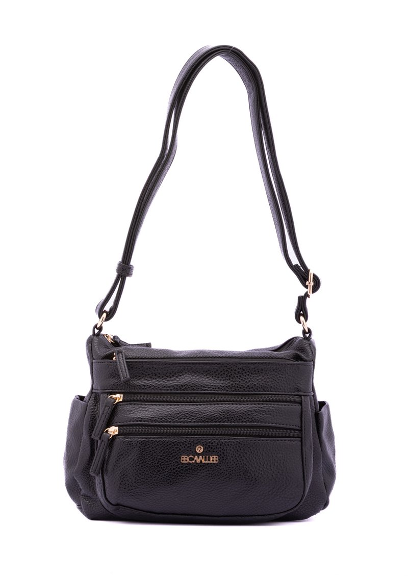 Borsa in pelle nera con accessori dorati, caratterizzata da tre scomparti con zip, una finitura texturizzata e una lunga tracolla regolabile.