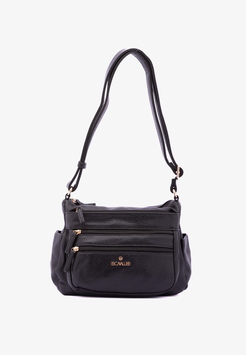 Borsa in pelle nera con accessori dorati, caratterizzata da tre scomparti con zip, una finitura texturizzata e una lunga tracolla regolabile.