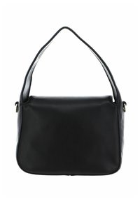 Sac à bandoulière en cuir noir à texture lisse, de forme rectangulaire, avec une seule sangle et une fermeture éclair. Design simple sans motifs.