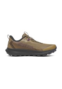 Trailrun schoenen met een khaki mesh bovenkant, een donkergrijze rubberen zool en paarse accenten. Voorzien van een gestructureerd oppervlak en een lus aan de achterkant.