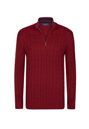 Pull en maille torsadée rouge foncé à manches longues avec un col à fermeture éclair partielle, doté d'une doublure intérieure rayée et d'un curseur de zip.