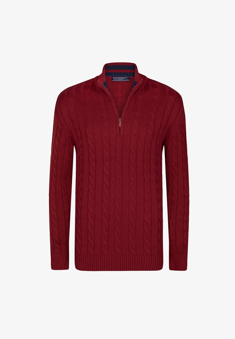 Pull en maille torsadée rouge foncé à manches longues avec un col à fermeture éclair partielle, doté d'une doublure intérieure rayée et d'un curseur de zip.
