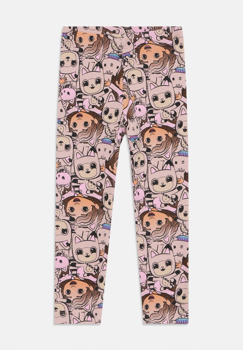 Ροζ κολάν καλυμμένα με επαναλαμβανόμενους καρτούν χαρακτήρες που περιλαμβάνουν ένα κορίτσι με καστανά μαλλιά, μια φιγούρα με αυτιά γάτας και ένα μικρό λευκό σκυλάκι που φοράει μπλε καπέλο.