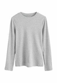 Chemise à manches longues gris clair avec un col rond, fabriquée en tissu doux et texturé. Design simple sans motifs ni accents.
