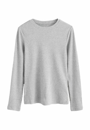 Hellgraues Langarmshirt mit rundem Halsausschnitt, aus weichem, strukturiertem Material. Schlichtes Design ohne Muster oder Akzente.