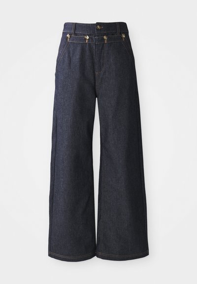 Wide-leg jeans made of dark denim, featuring a high waist, double-button closure, and contrast stitching along the seams.