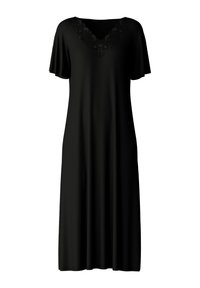 Vestito nero a maniche corte con scollatura a V, con una rifinitura in pizzo attorno al collo. Realizzato in un tessuto leggero e morbido.