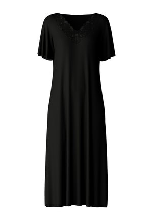 Schwarzes Kurzarmkleid mit V-Ausschnitt, mit einer Spitzenverzierung am Ausschnitt. Hergestellt aus einem glatten, leichten Stoff.