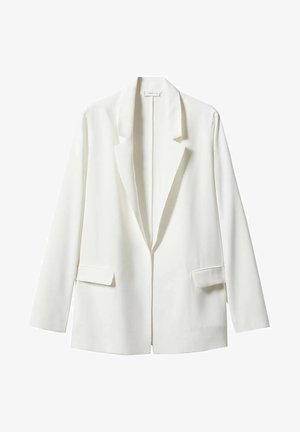 Weißer taillierter Blazer mit langen Ärmeln, Revers mit Kerbkragen und zwei vorderen Klappentaschen, vor weißem Hintergrund dargestellt.