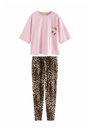 Pink short-sleeve T-shirt with a cocktail glass graphic and leopard print elastic waist pants set on white background.
