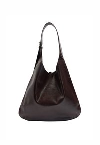 Brązowa skórzana torebka hobo o miękkim, swobodnym fasonie, z szerokim, pojedynczym paskiem i gładką, błyszczącą fakturą. Brak widocznych elementów metalowych.