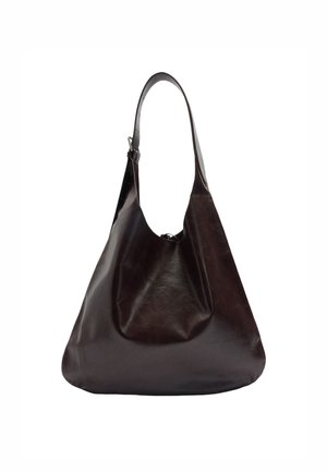 Brązowa skórzana torebka hobo o miękkim, swobodnym fasonie, z szerokim, pojedynczym paskiem i gładką, błyszczącą fakturą. Brak widocznych elementów metalowych.