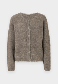 Cardigan tricotat texturat de culoare maronie, cu guler rotund și șase butoane pe partea din față. Mâneci lungi și tiv dintr-un model cu nervuri.