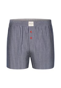 Boxer in cotone a righe navy e bianche con una fascia elastica grigia, una tasca frontale e due bottoni rossi.