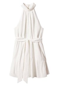 Robe blanche sans manches avec un col montant froncé, une ceinture à nouer à la taille et un ourlet évasé à volants. Fabriquée en tissu léger.