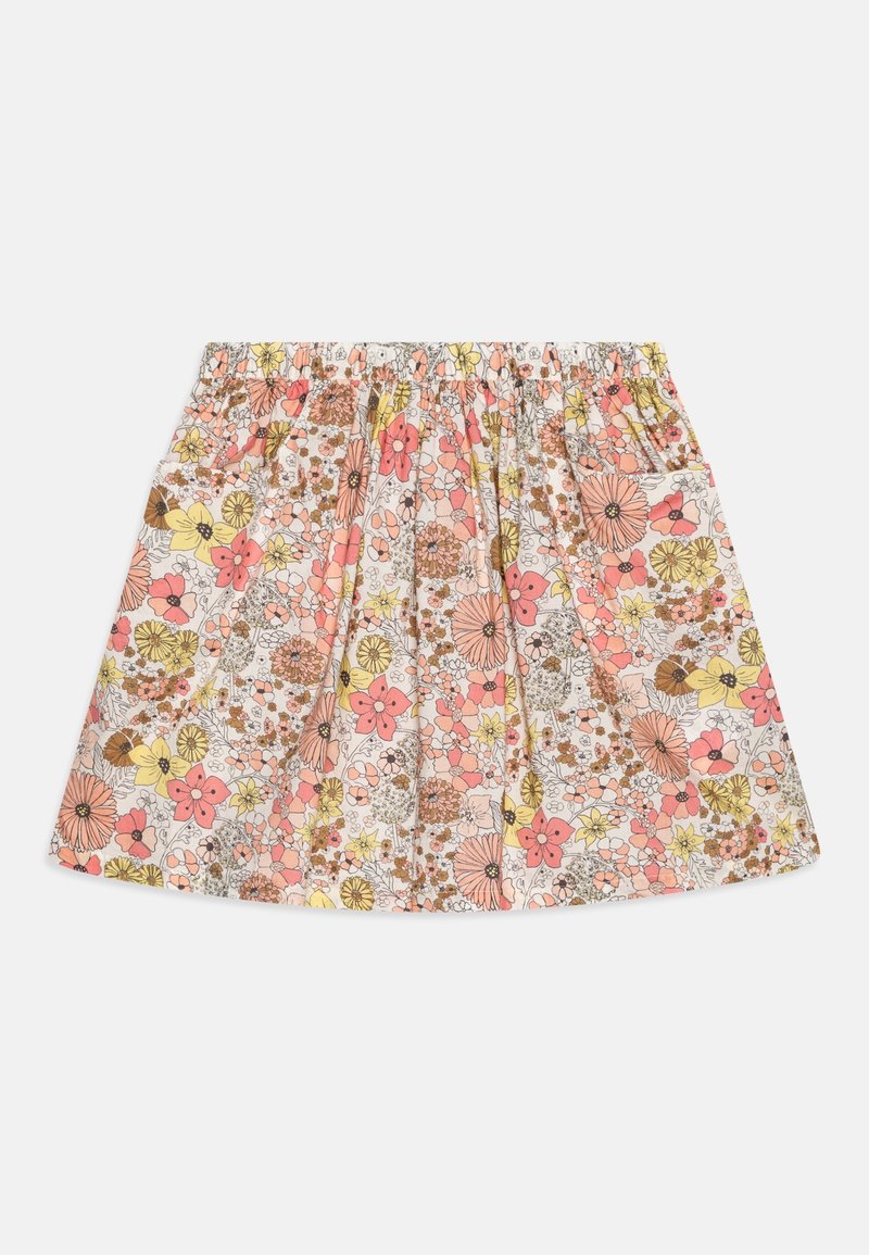 Jupe à taille élastique avec motif floral rose, jaune et marron et poche latérale sur fond blanc.