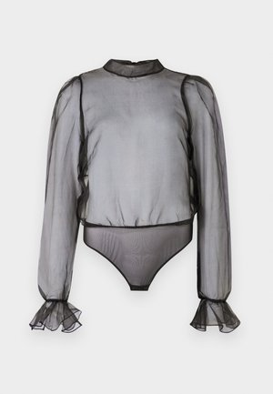 Schwarzer transparenter Bodysuit mit langen Ärmeln, hohem Kragen und rüschierten Manschetten. Verfügt über einen taillierten Unterteil und kontrastierenden schwarzen Besatz entlang der Kanten.