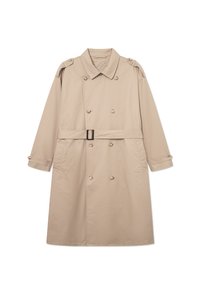 Gabardina beige con un frente de doble botonadura, amplio cuello, cinturón en la cintura y puños abotonados. Tejido liso con textura mínima.