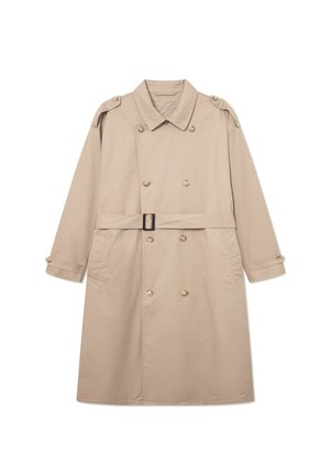 Manteau beige en trench avec un devant croisé, large col, ceinture à la taille et poignets à boutons. Tissu lisse avec une texture minimale.