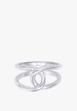 Bague en argent avec deux boucles lisses entrelacées formant un motif de nœud abstrait, marquée 925 à l’intérieur du cercle.