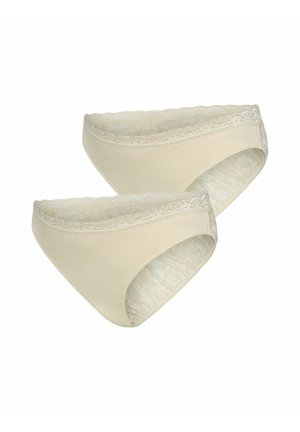 Dos bikinis beige para mujer con bordes de encaje, mostrando vistas frontal y lateral sobre fondo blanco.