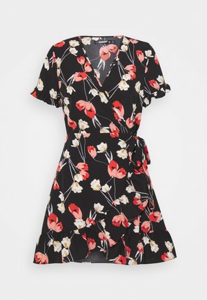 Black short-sleeve wrap dress with red and white floral print, ruffled hem, and tie waist detail.