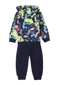 Kapuzensweatshirt und Hose in Marineblau mit einem bunten Monster-Muster. Weicher Stoff mit gerippten Bündchen und Taille.