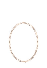 Halskette aus goldfarbigem Metall mit verbundenen, kreisförmigen Gliedern und glatter Oberfläche sowie sicherem Verschluss. Schlichtes, elegantes Design.
