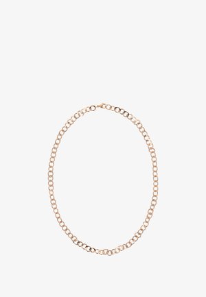 Halskette aus goldfarbigem Metall mit verbundenen, kreisförmigen Gliedern und glatter Oberfläche sowie sicherem Verschluss. Schlichtes, elegantes Design.