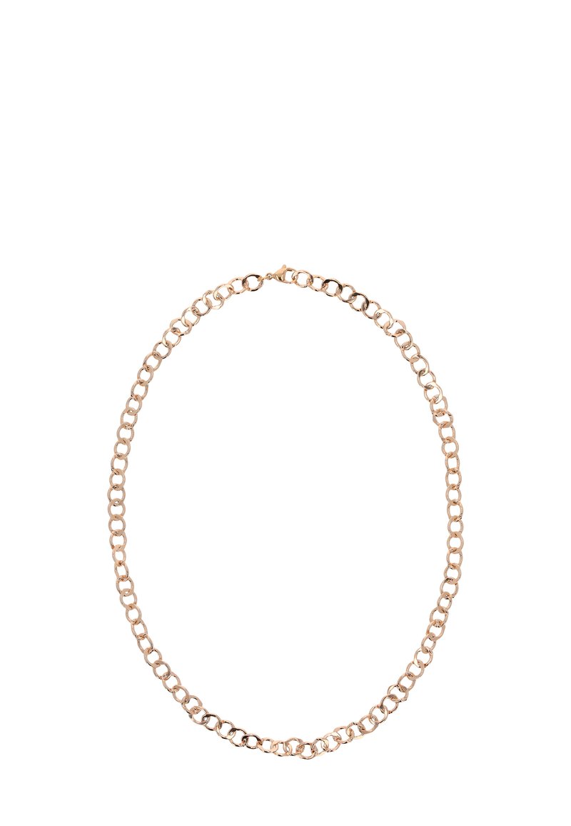 Halskette aus goldfarbigem Metall mit verbundenen, kreisförmigen Gliedern und glatter Oberfläche sowie sicherem Verschluss. Schlichtes, elegantes Design.