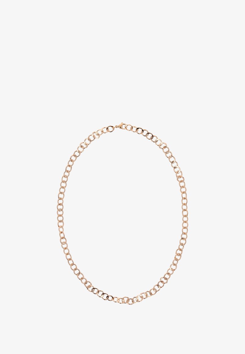 Halskette aus goldfarbigem Metall mit verbundenen, kreisförmigen Gliedern und glatter Oberfläche sowie sicherem Verschluss. Schlichtes, elegantes Design.