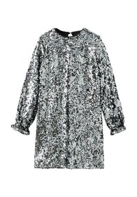 Hopeinen paljettimekko, jossa pitkät, puffatut hihat. Pyöreä pääntie ja väljä istuvuus. Sileä pinta, jossa koko pinta on peitetty heijastavilla paljeteilla.