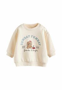 Cremfarbener Baumwoll-Sweatshirt mit langen Ärmeln. Mit bestickten Grafiken eines Kaninchens und Kirschen, sowie dem Text "SUNDAY FUNDAY" darüber.